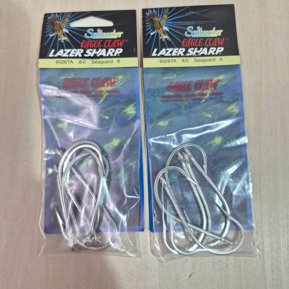 2 Packs Eagle Claw Lazer Sharp Saltwater Fish Hooks 6026TA 8/0 Sea‎ Guard